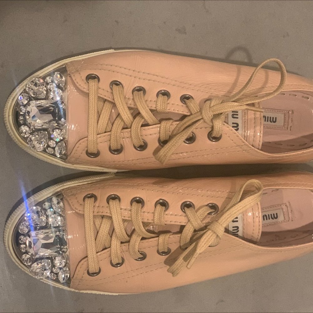 Miu Miu Patent Leather Crystal Embellished Sneakers - Pink - 37.5